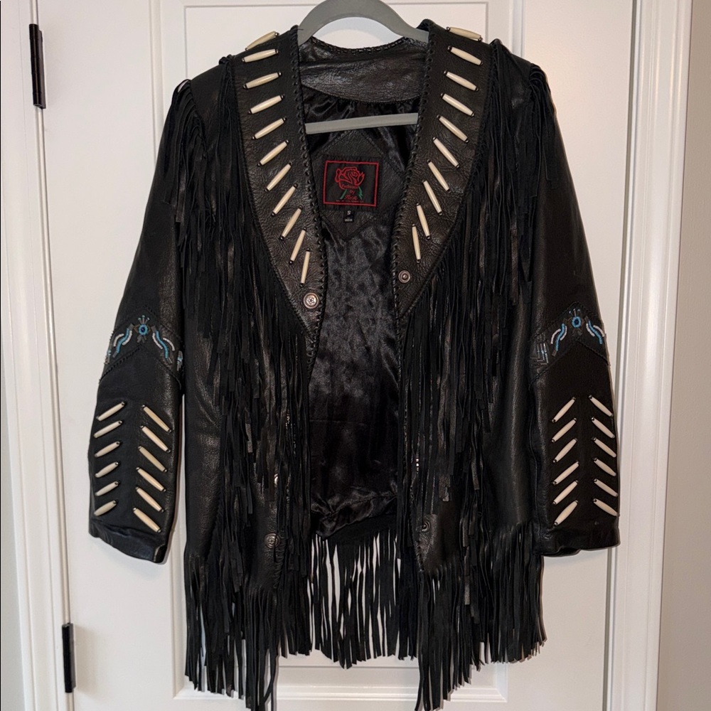 Fringed Black Leather Jacket with Cutout Detail